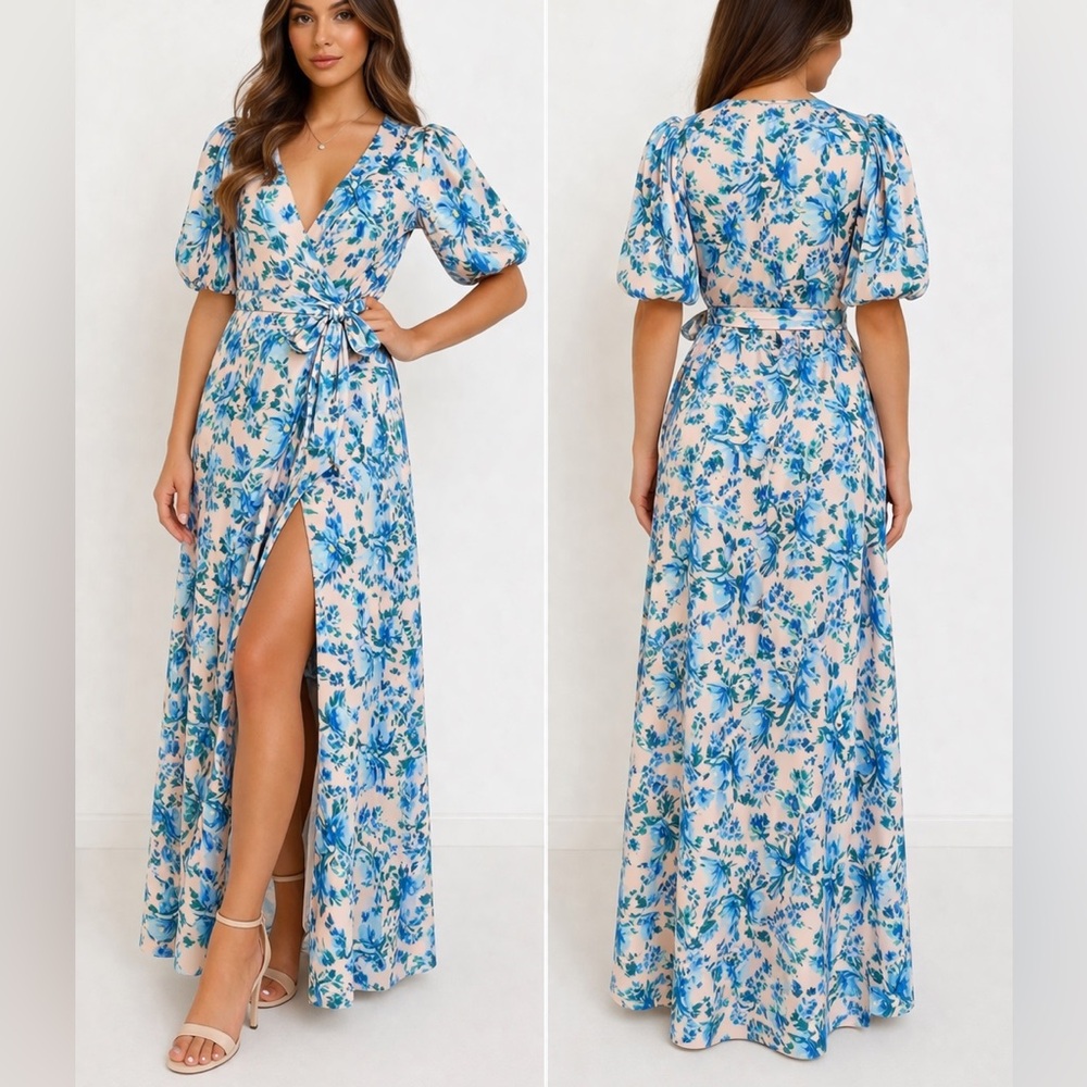 Alexia Admor Blue Floral Wrap Maxi Dress Puff Sleeve Tie Waist Slit Size 4